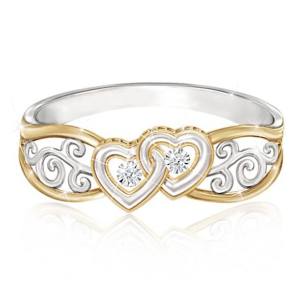 💎 Lovely Double Heart Carved Flower Two Color Plated Rings for Women,PD697 - Picture 9 of 10
